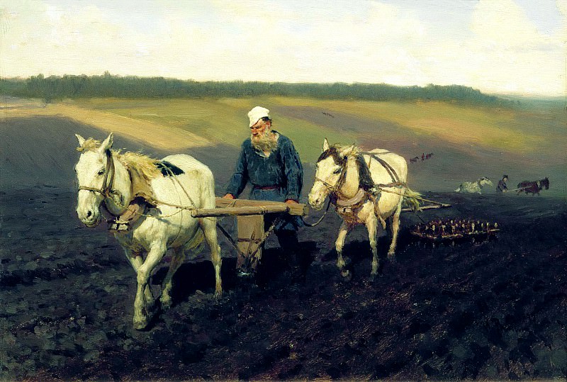 Пахарь. Л. Н. Толстой на пашне. 1887